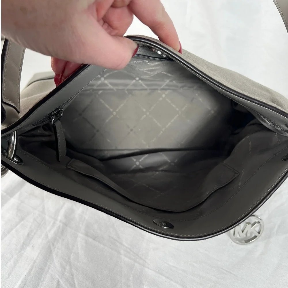 Michael Kors Handbag Gray Taupe Suede Leather Hobo Shoulder‎ Bag Silver MK Logo